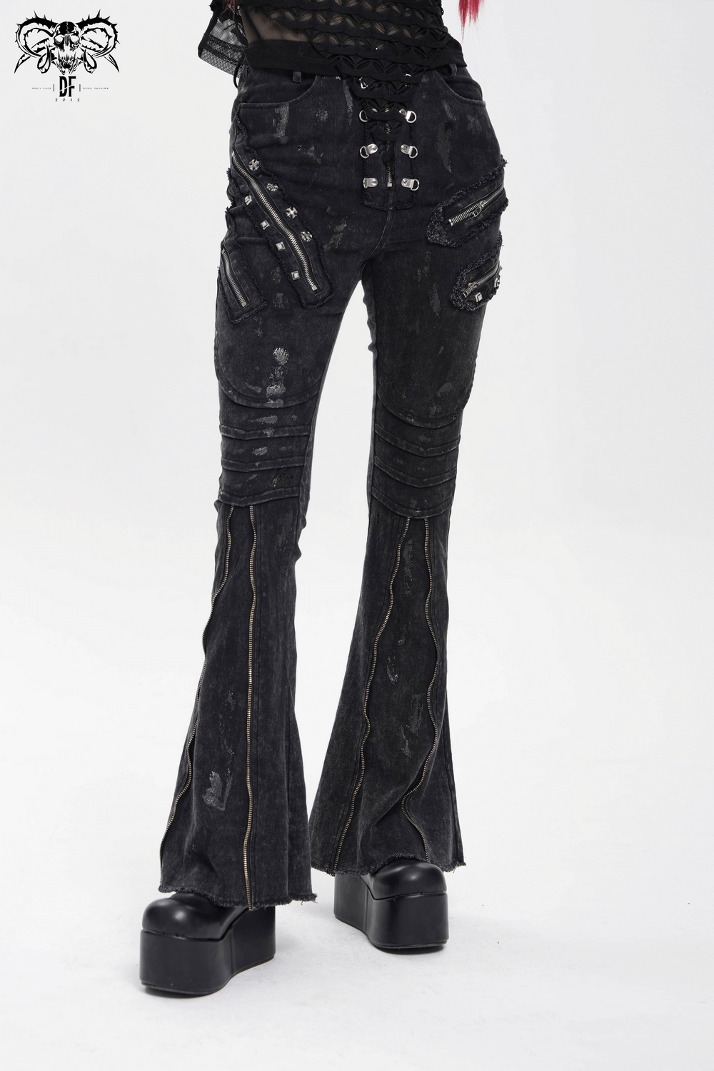 High Waist Flared Jeans with Buckles and Zipper Detail