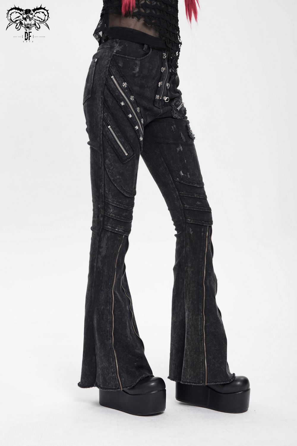 High Waist Flared Jeans with Buckles and Zipper Detail