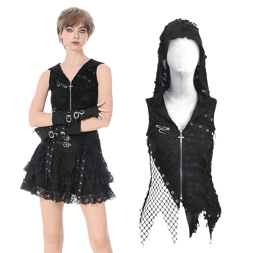Hooded Lace Top with Fishnet Panels and Front Zipper