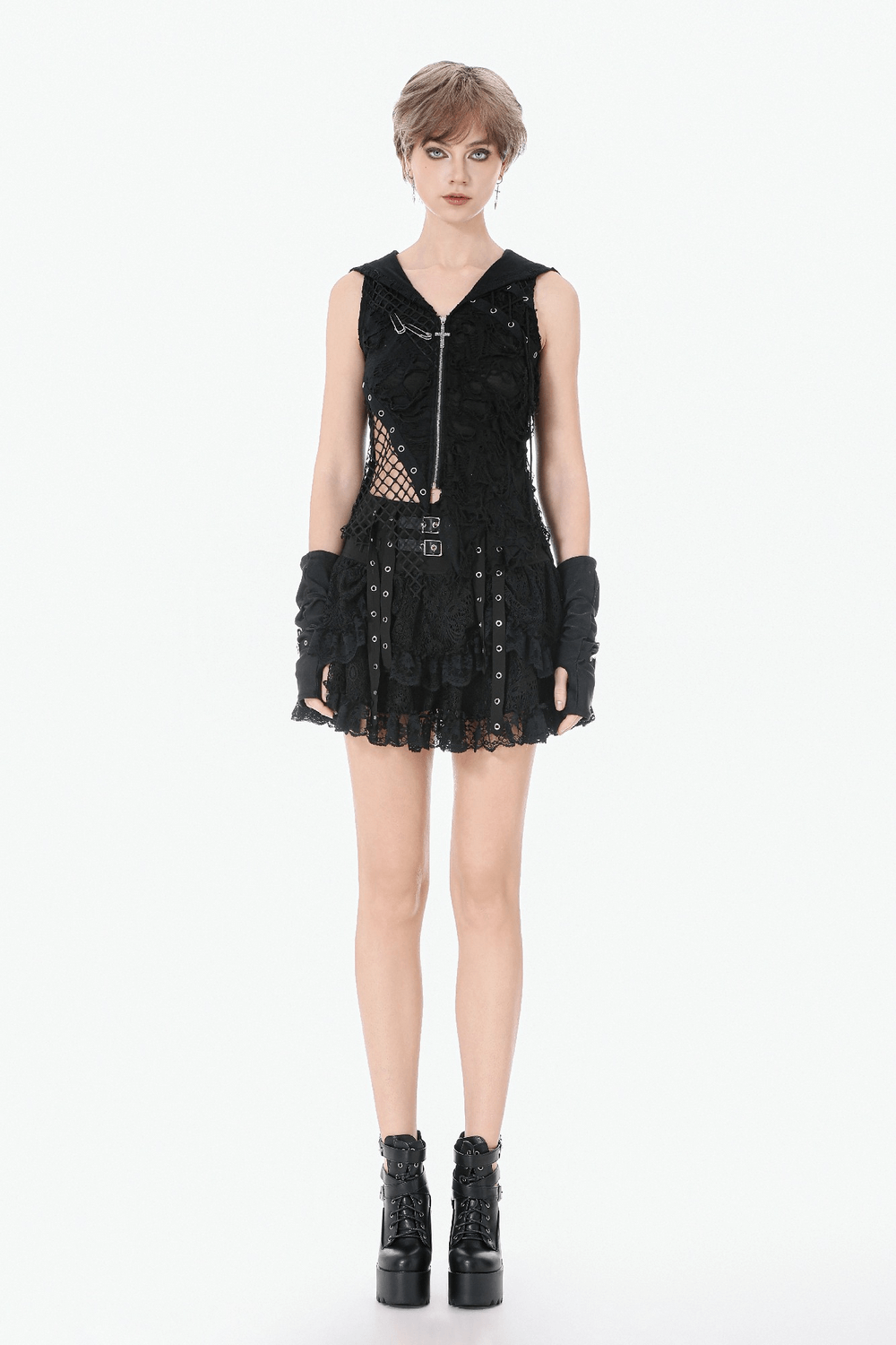 Hooded Lace Top with Fishnet Panels and Front Zipper