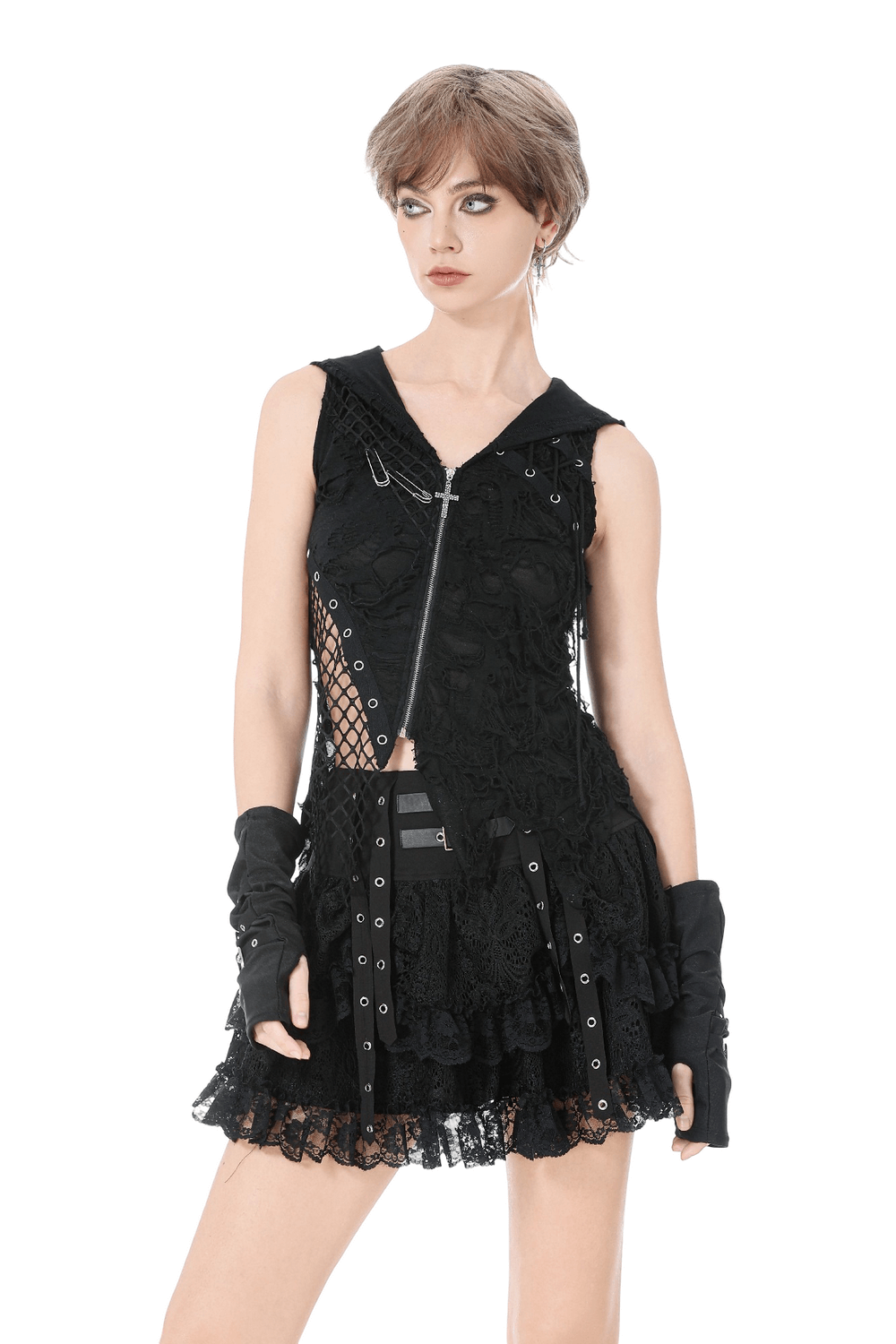 Hooded Lace Top with Fishnet Panels and Front Zipper