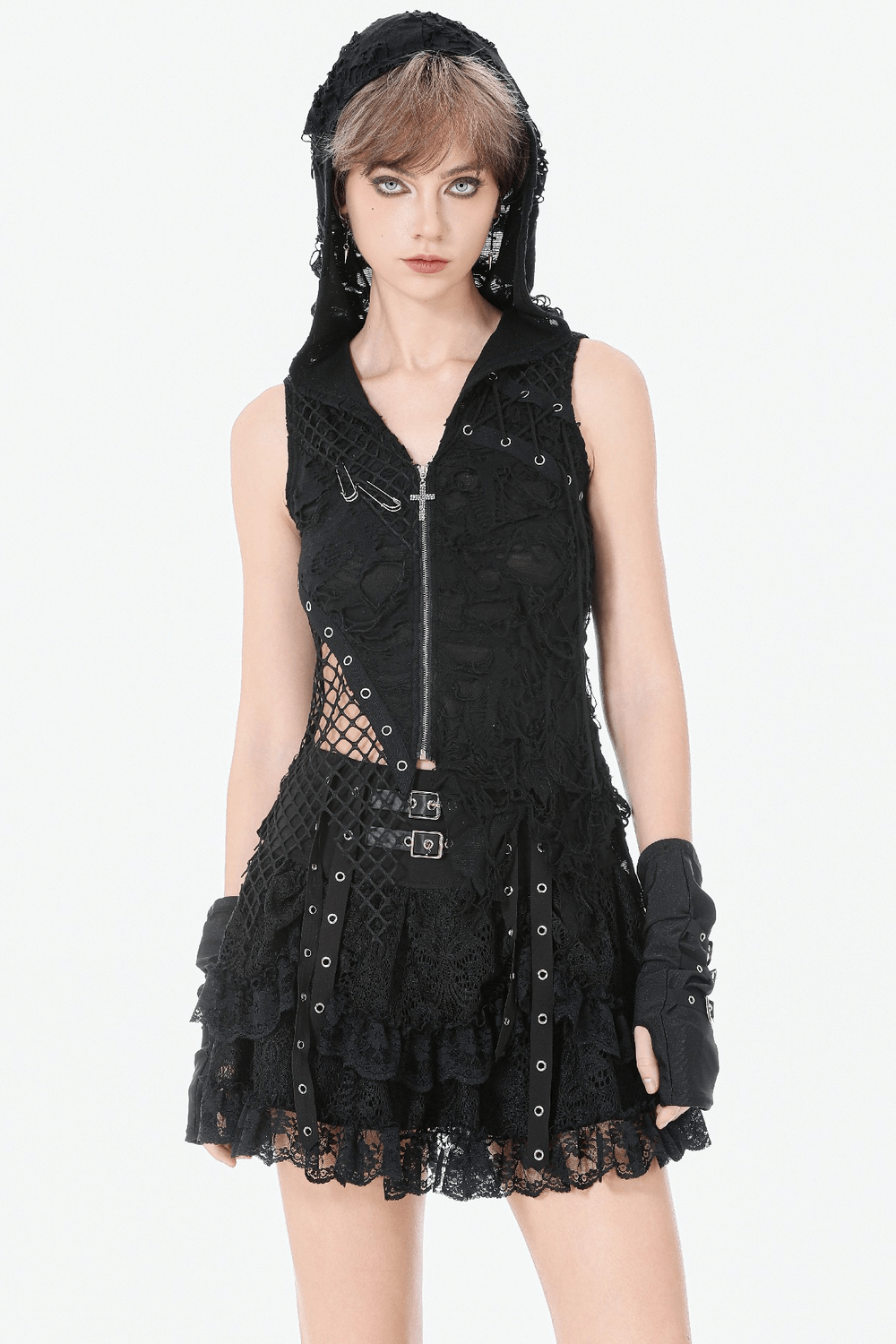 Hooded Lace Top with Fishnet Panels and Front Zipper