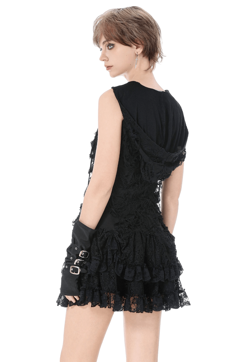 Hooded Lace Top with Fishnet Panels and Front Zipper