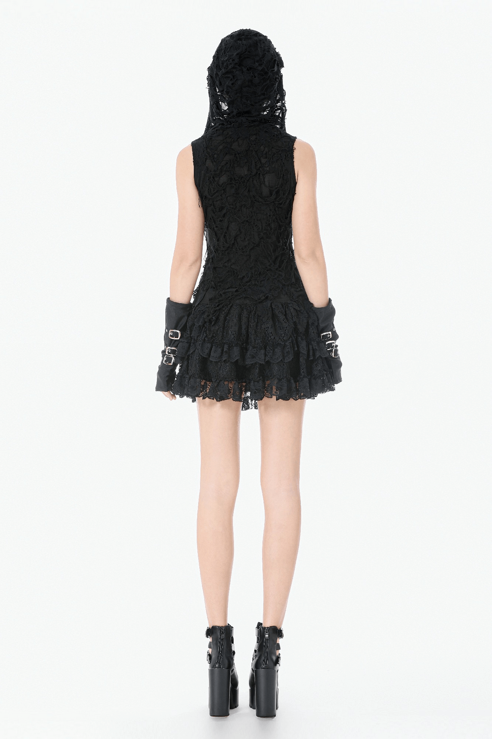 Hooded Lace Top with Fishnet Panels and Front Zipper