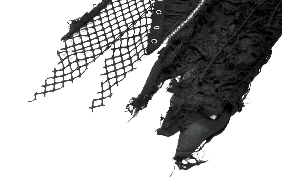 Hooded Lace Top with Fishnet Panels and Front Zipper