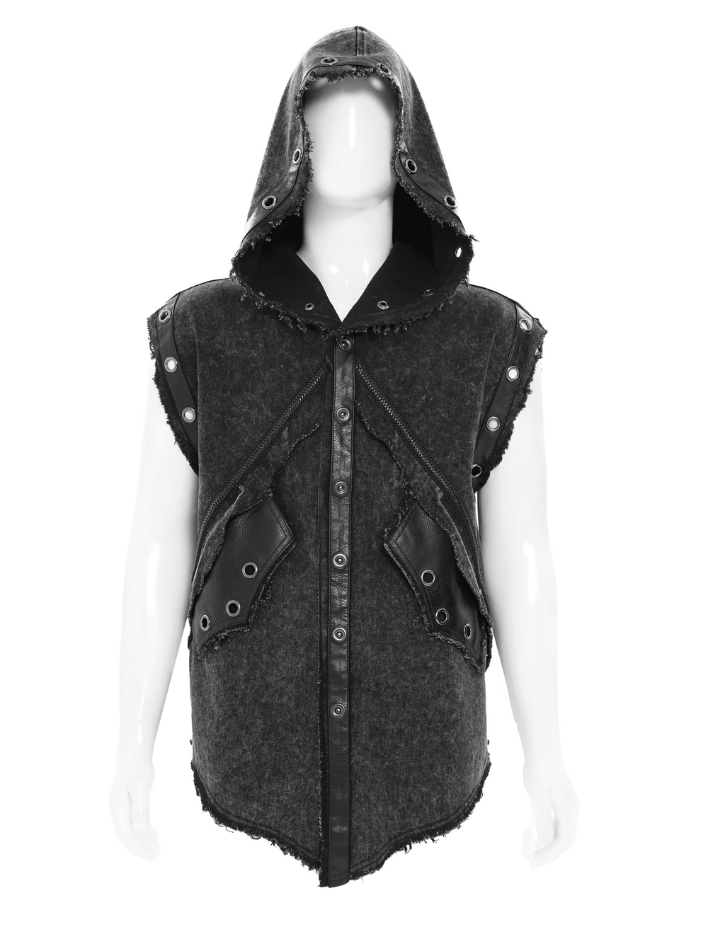 Hooded Punk Denim Vest with Washed Distressed Hem