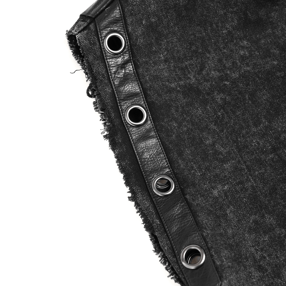 Hooded Punk Denim Vest with Washed Distressed Hem