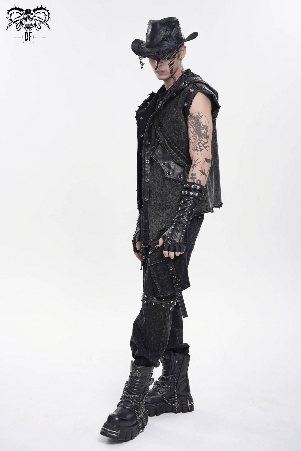 Hooded Punk Denim Vest with Washed Distressed Hem