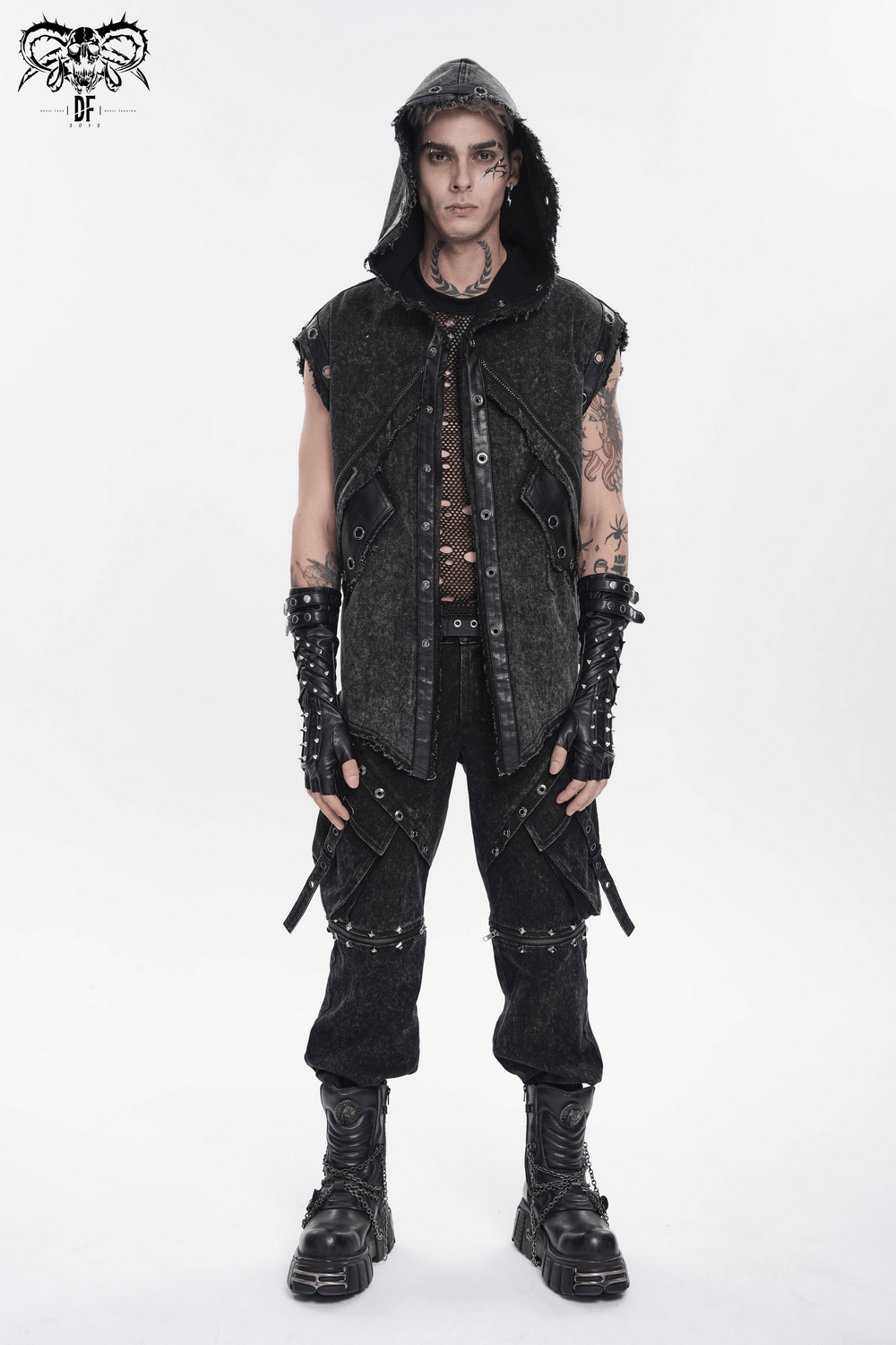Hooded Punk Denim Vest with Washed Distressed Hem