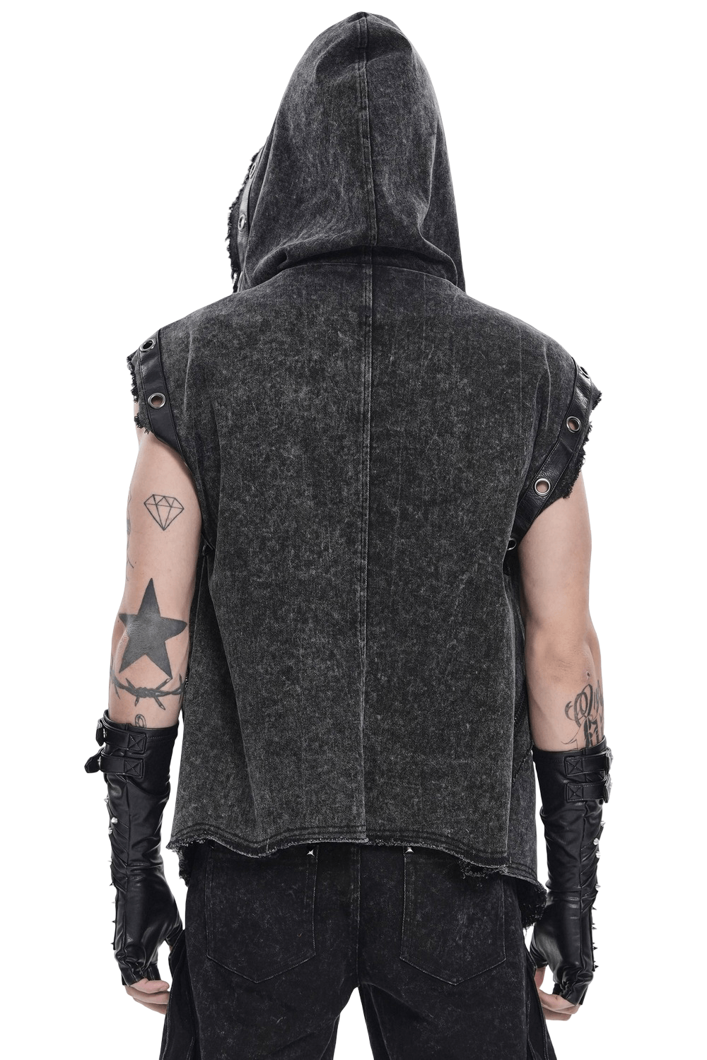 Hooded Punk Denim Vest with Washed Distressed Hem