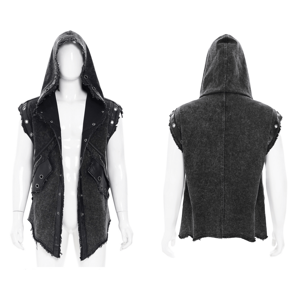 Hooded Punk Denim Vest with Washed Distressed Hem