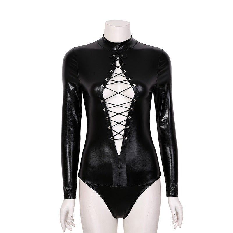 Hot Erotic Women's Bodysuit / Sexy PU Leather Babydoll Mini Dress / Female Black Jumpsuit