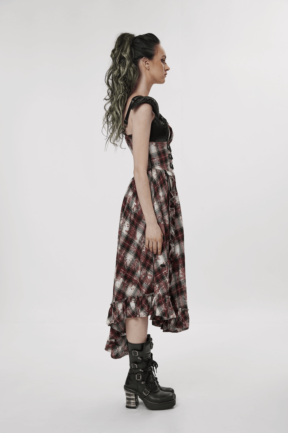 Irregular Hem Plaid Dress Adjustable Leather Straps