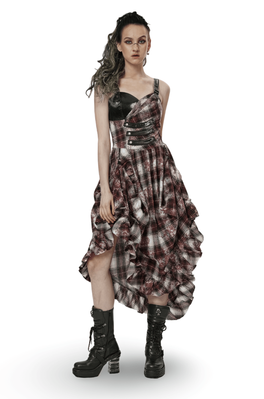 Irregular Hem Plaid Dress Adjustable Leather Straps