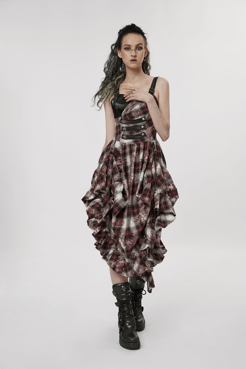 Irregular Hem Plaid Dress Adjustable Leather Straps