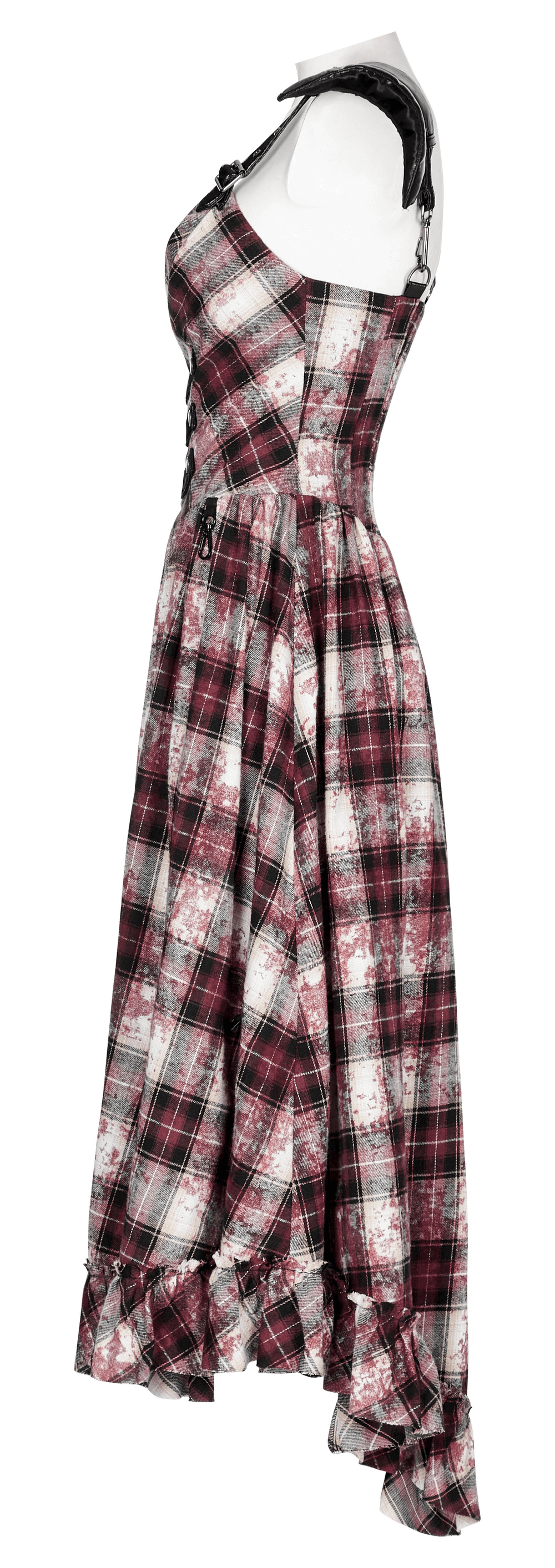 Irregular Hem Plaid Dress Adjustable Leather Straps