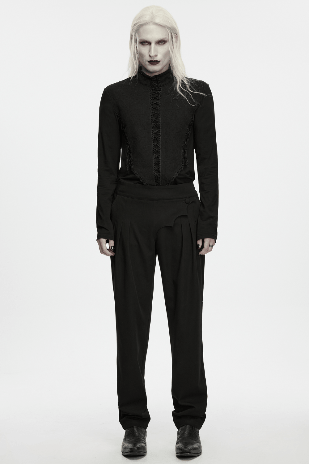 Jacquard Lace-Up Long Sleeved Stand Collar Top