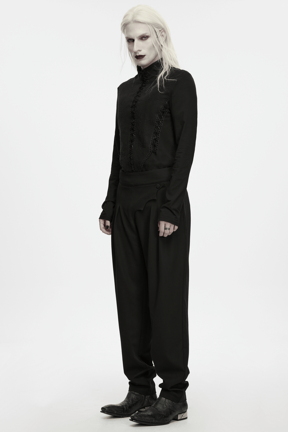 Jacquard Lace-Up Long Sleeved Stand Collar Top