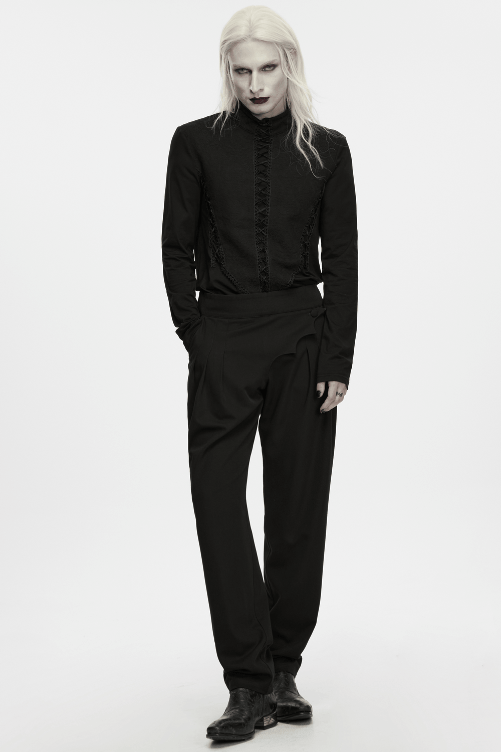 Jacquard Lace-Up Long Sleeved Stand Collar Top