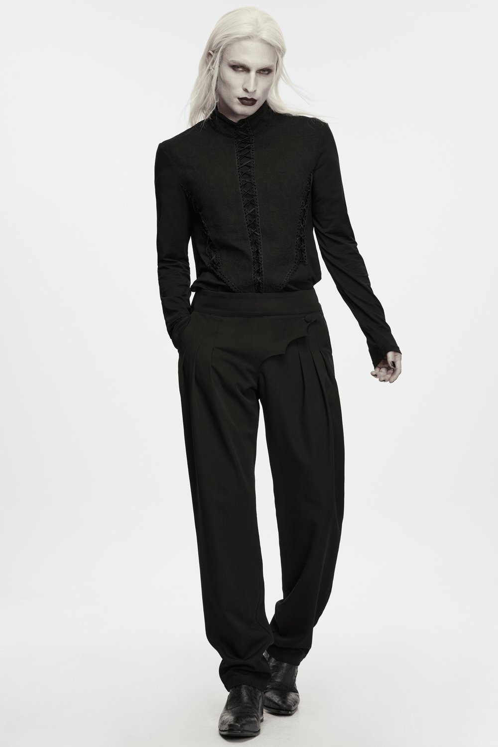Jacquard Lace-Up Long Sleeved Stand Collar Top