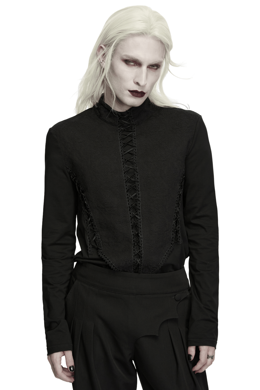Jacquard Lace-Up Long Sleeved Stand Collar Top