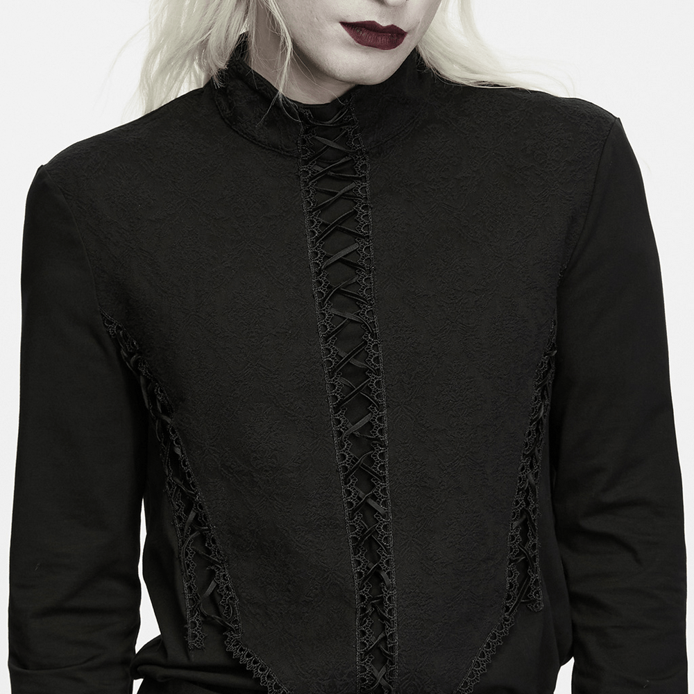 Jacquard Lace-Up Long Sleeved Stand Collar Top