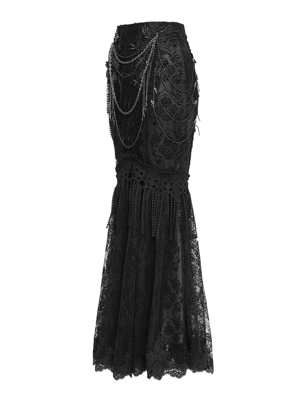 Lace and Fringe Black Skirt with Chains for Elegance Style