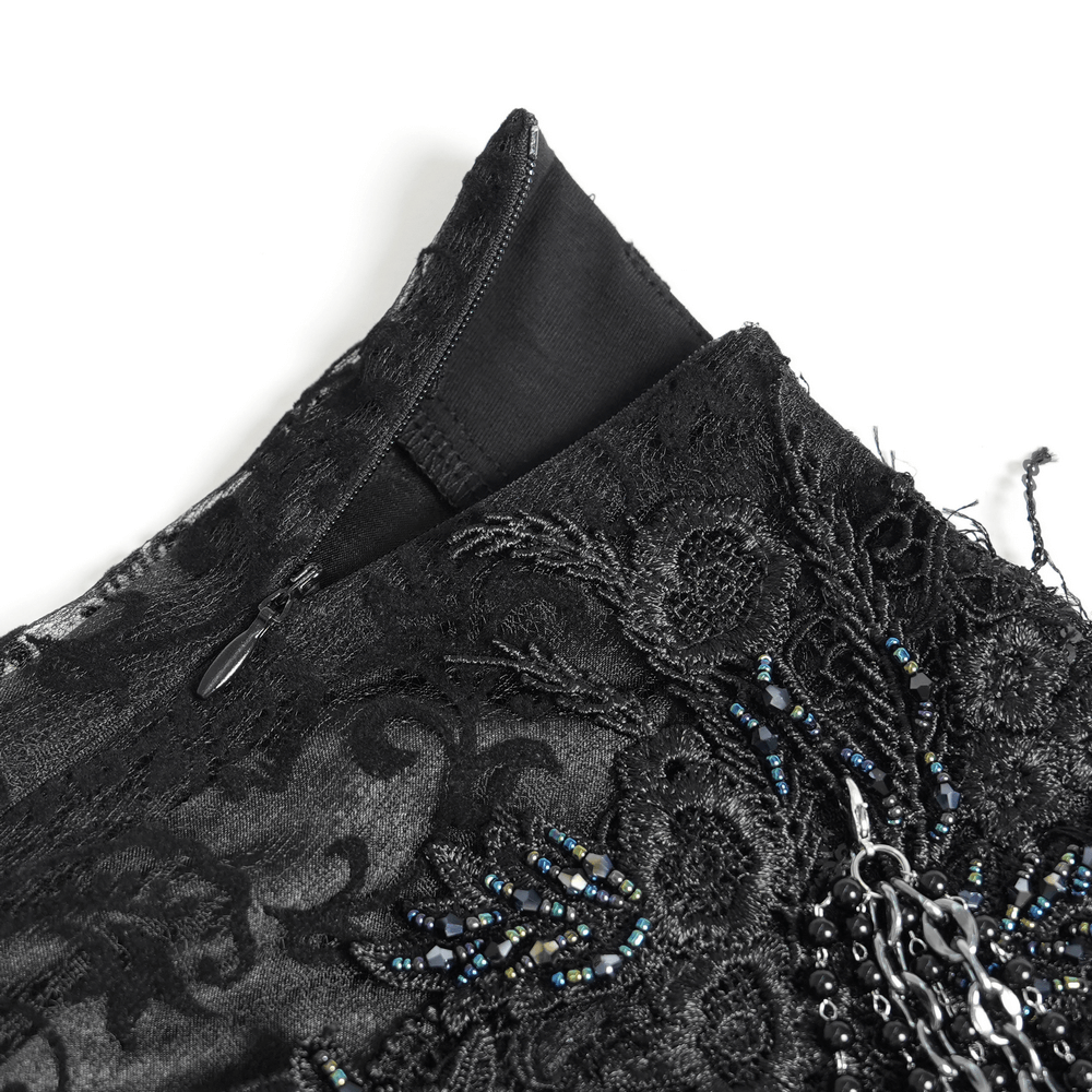Lace and Fringe Black Skirt with Chains for Elegance Style