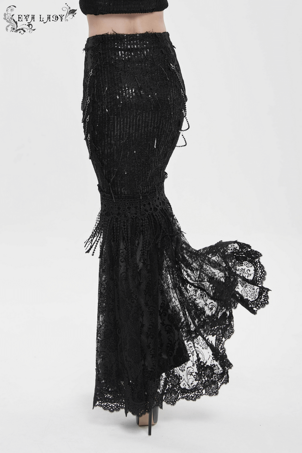 Lace and Fringe Black Skirt with Chains for Elegance Style