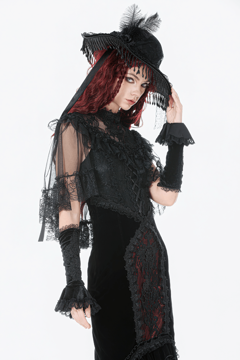 Lace Cape Shrug with High Neck and Rosette Trim