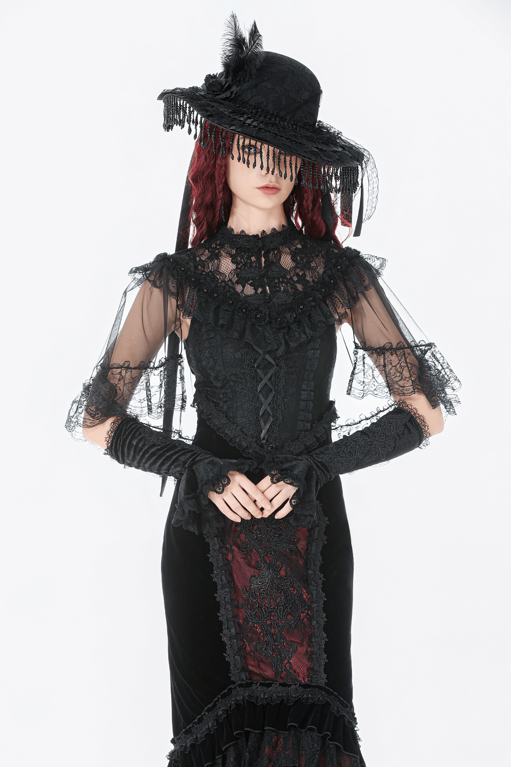 Lace Cape Shrug with High Neck and Rosette Trim