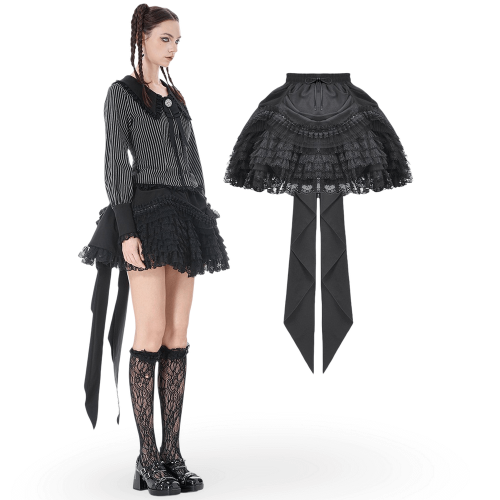 Lace Layered Black Tulle Skirt with Ribbon Detail