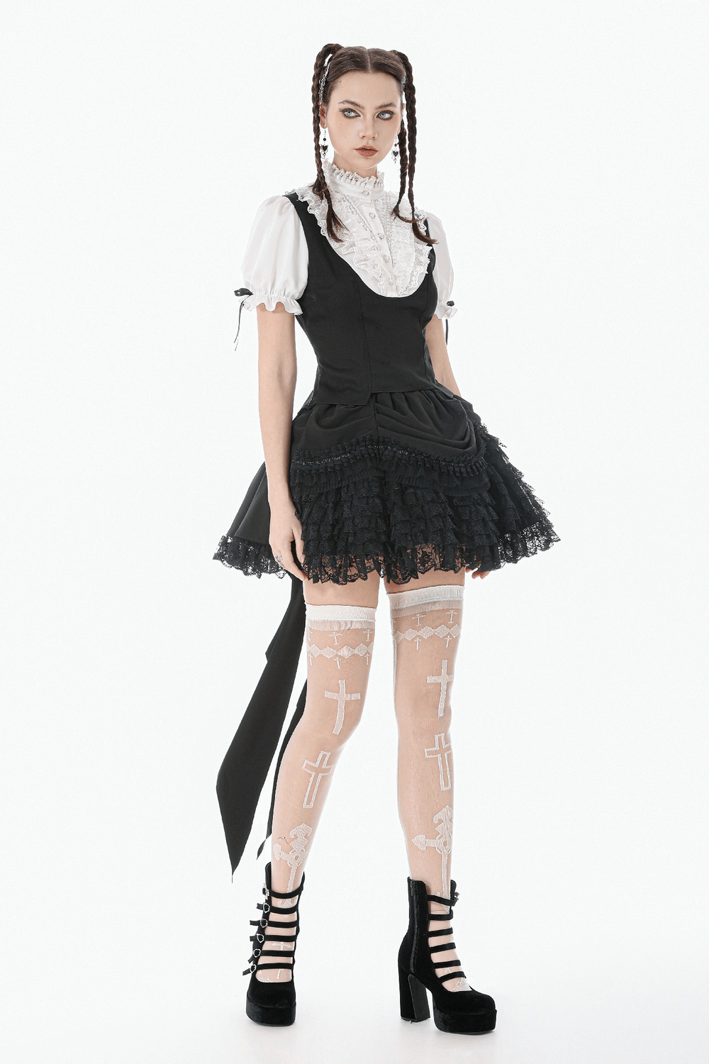 Lace Layered Black Tulle Skirt with Ribbon Detail