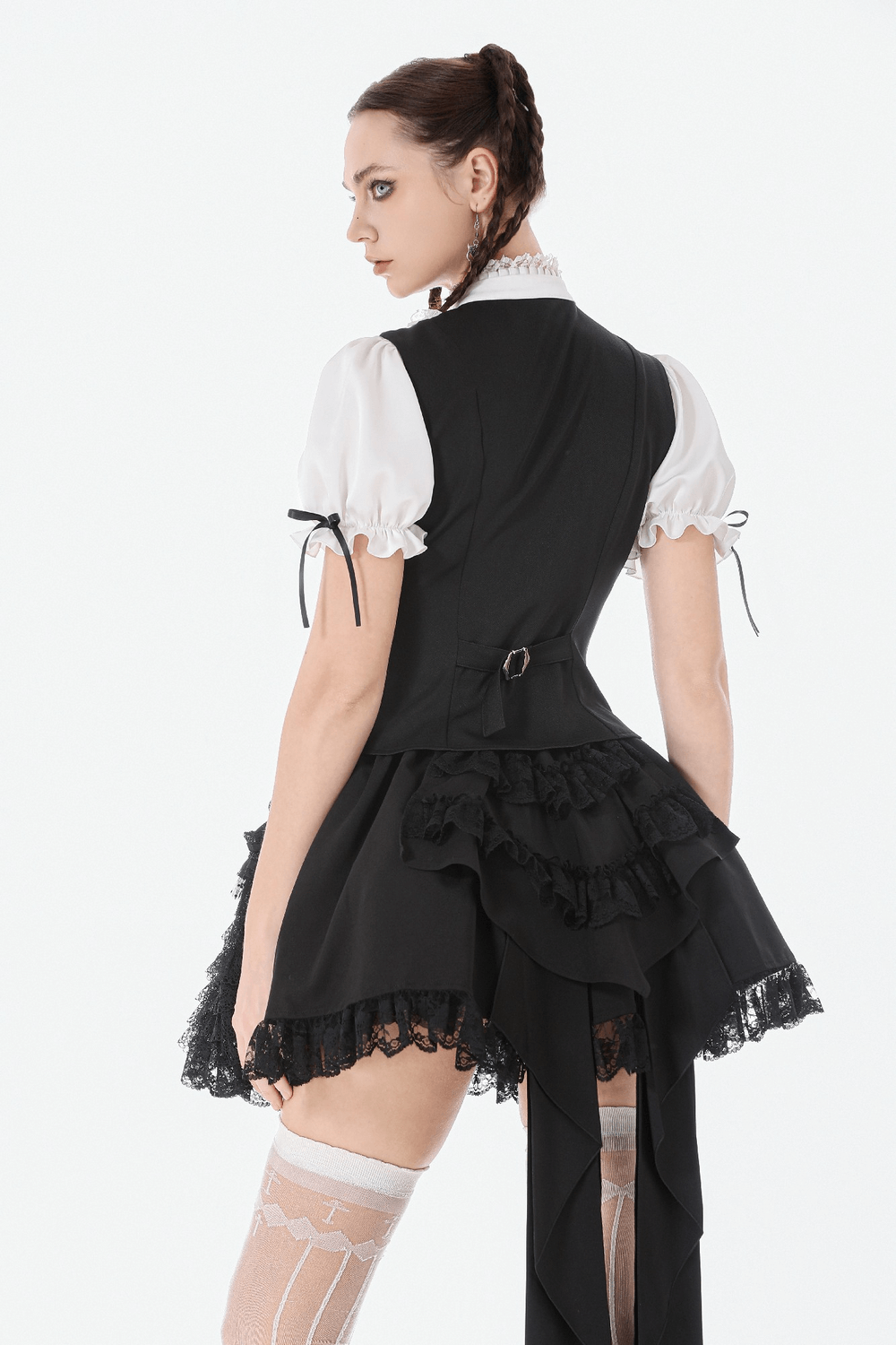 Lace Layered Black Tulle Skirt with Ribbon Detail