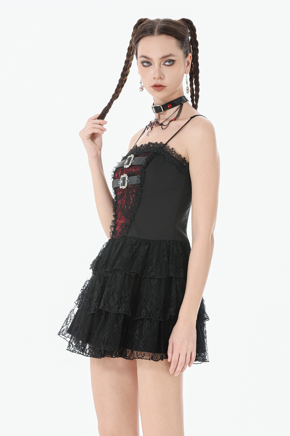 Lace Ruffle Mini Dress with Corset Back and Buckles