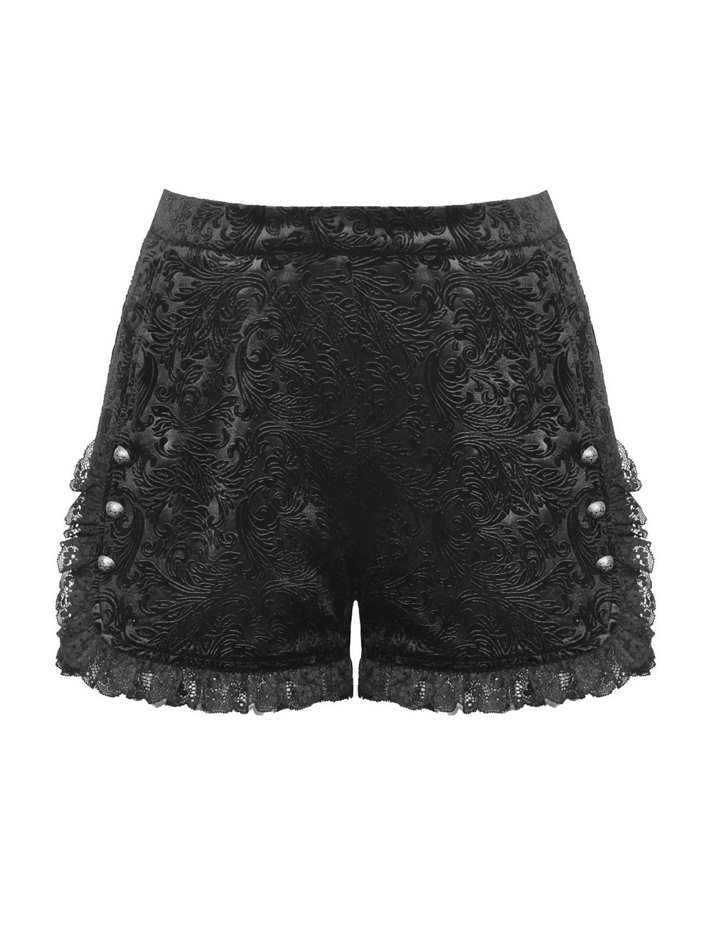 Lace-Trimmed Velvet High-Waisted Shorts with Buttons