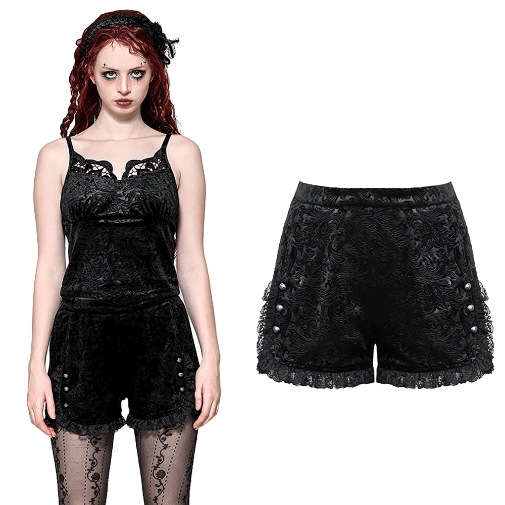 Lace-Trimmed Velvet High-Waisted Shorts with Buttons