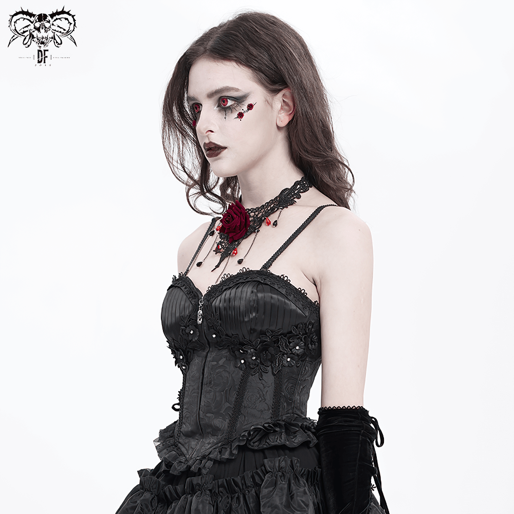 Lace-Up Black Floral Embellished Corset with Ruffle Detail