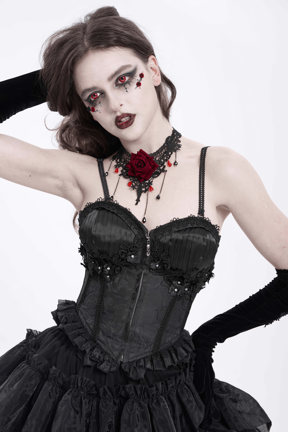 Lace-Up Black Floral Embellished Corset with Ruffle Detail