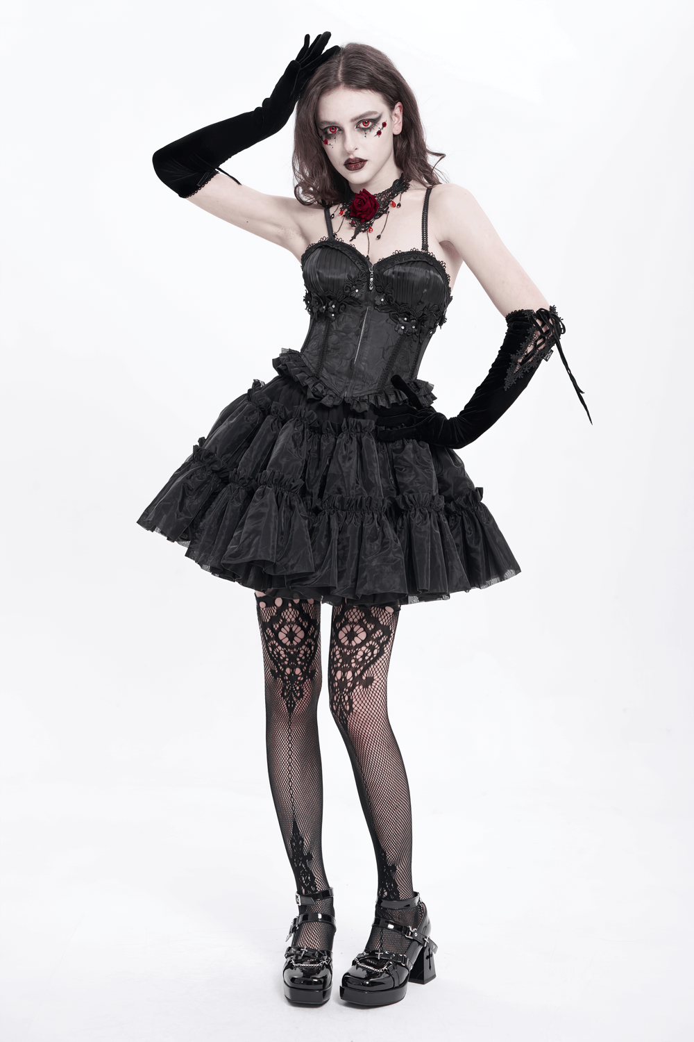 Lace-Up Black Floral Embellished Corset with Ruffle Detail