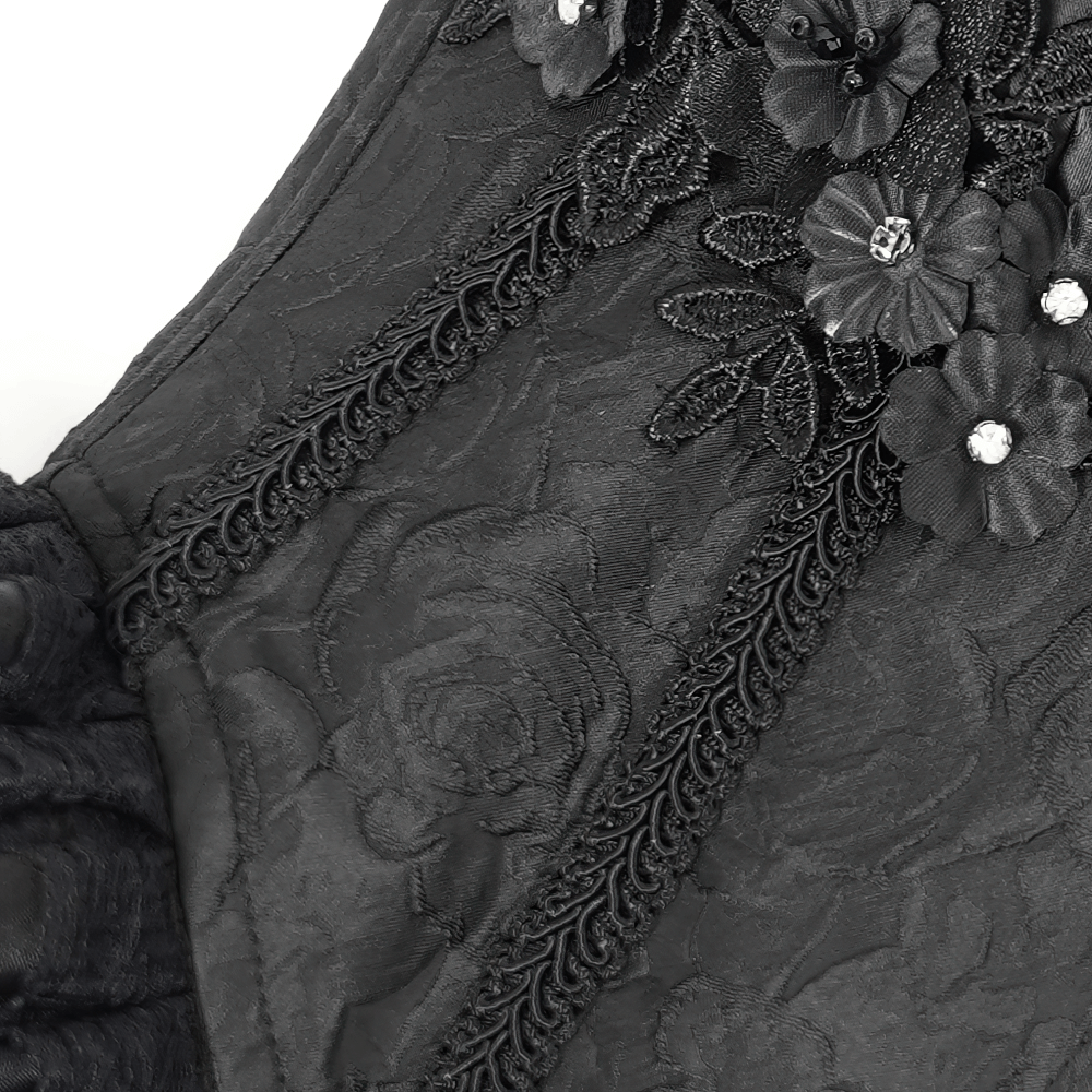 Lace-Up Black Floral Embellished Corset with Ruffle Detail