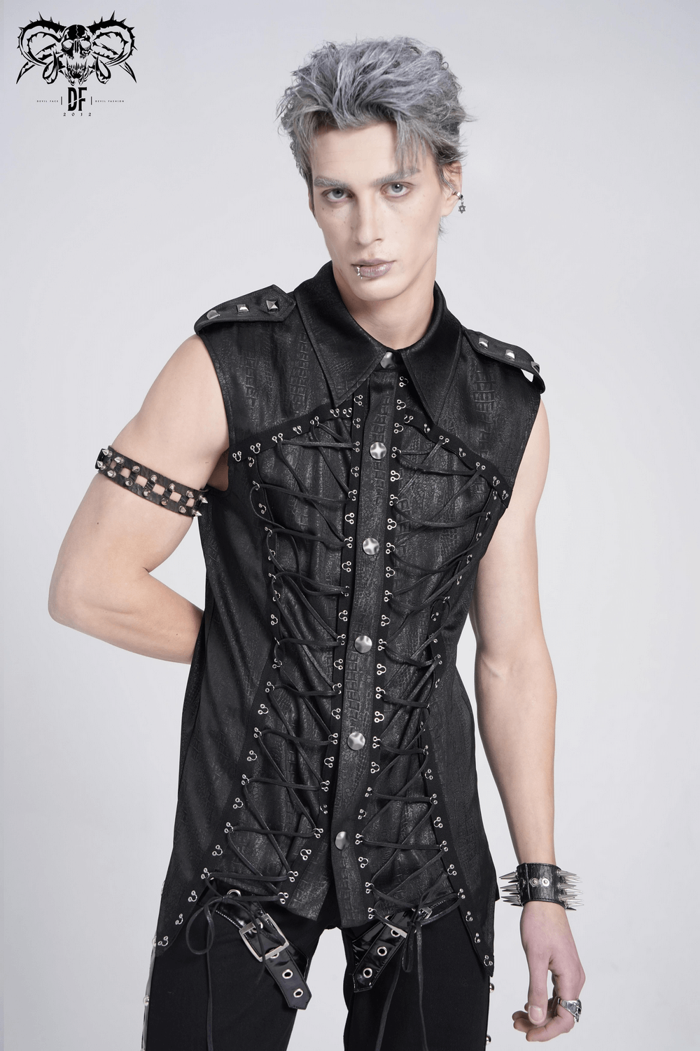 Lace-Up Sleeveless Shirt with Epaulets and Metal Buttons