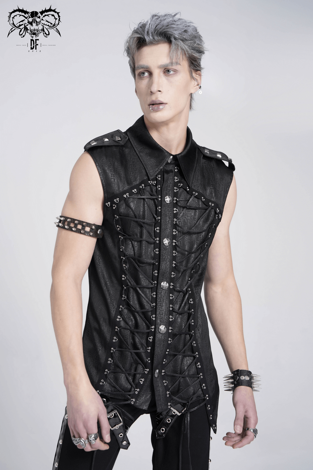 Lace-Up Sleeveless Shirt with Epaulets and Metal Buttons