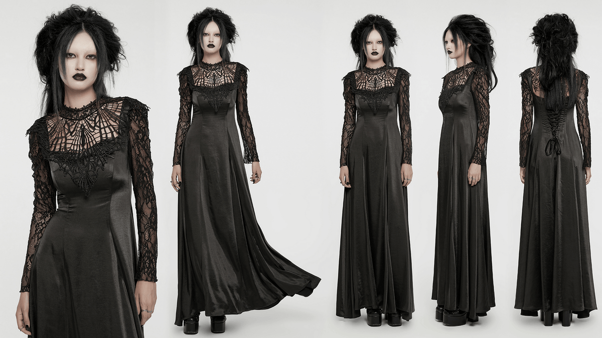 UK SALE of Long Gothic Dress with Lace Sleeves and Drawstring Back