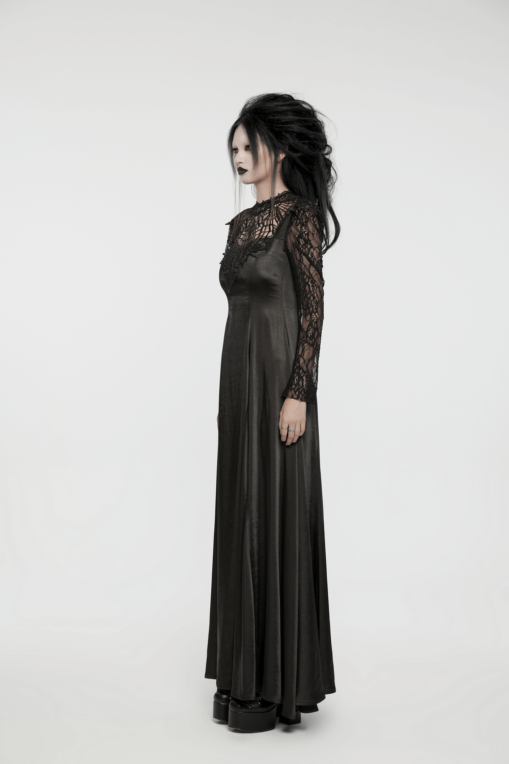UK SALE of Long Gothic Dress with Lace Sleeves and Drawstring Back