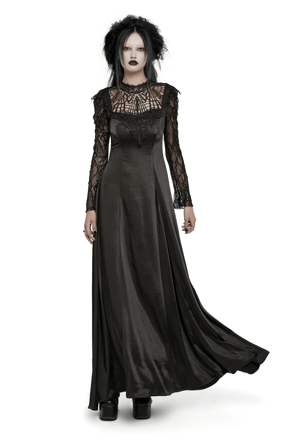 UK SALE of Long Gothic Dress with Lace Sleeves and Drawstring Back