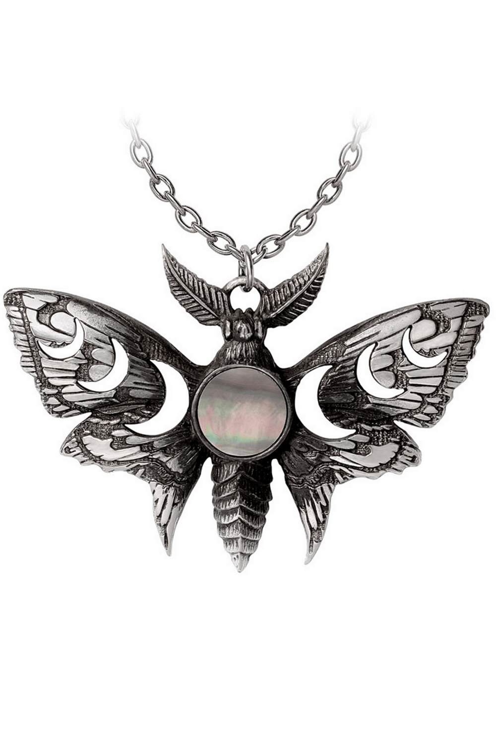 Lunar Moth Necklace with Moon Phase and Mother of Pearl