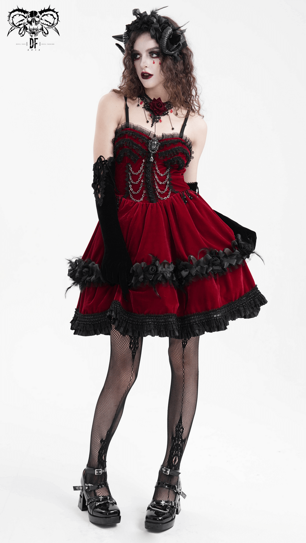 EU SALE of Luxurious Burgundy Velvet Gothic Lolita Dress with Straps