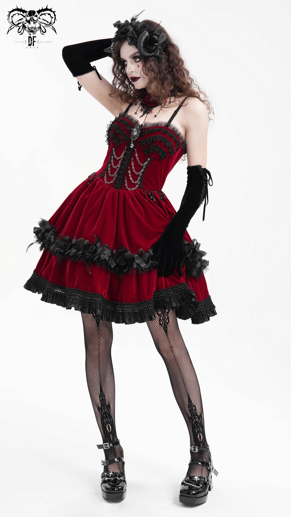 EU SALE of Luxurious Burgundy Velvet Gothic Lolita Dress with Straps
