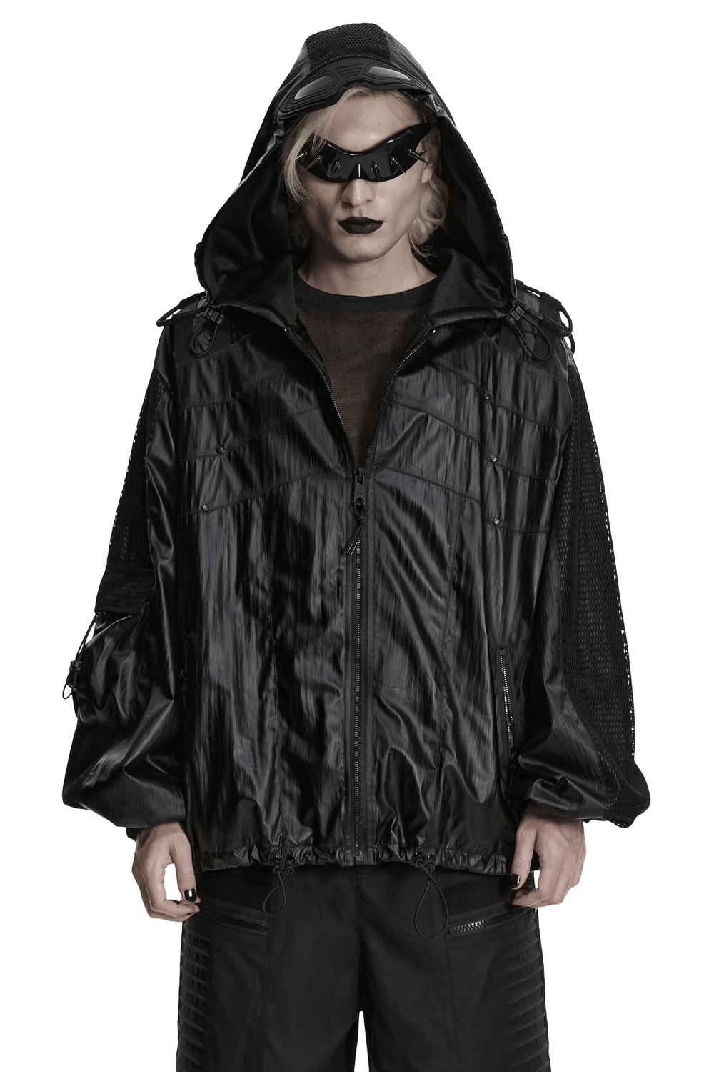 Male Black Cyberpunk Hooded Waterproof Mesh Jacket